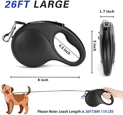 Retractable Dog Leash, 26 Feet Dog Leash for Small to Large Dogs up to 110lbs, Anti-Slip Handle One Button Lock and Release, Heavy Duty 360° Tangle-Free