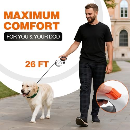 PINA Upgraded Retractable Dog Leash, 26 ft Dog Leash for Small Medium Large Dogs Up to 110lbs, Heavy Duty Reflective Nylon Tape 360° Tangle-Free, with Anti-Slip Handle, One-Handed Brake, Pause, Lock