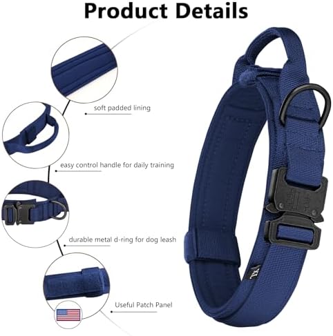 DAGANXI Tactical Dog Collar, Adjustable Military Training Nylon Dog Collar with Control Handle and Heavy Metal Buckle for Medium and Large Dogs, with Patches and Airtags Case (Midnight Blue, XL)
