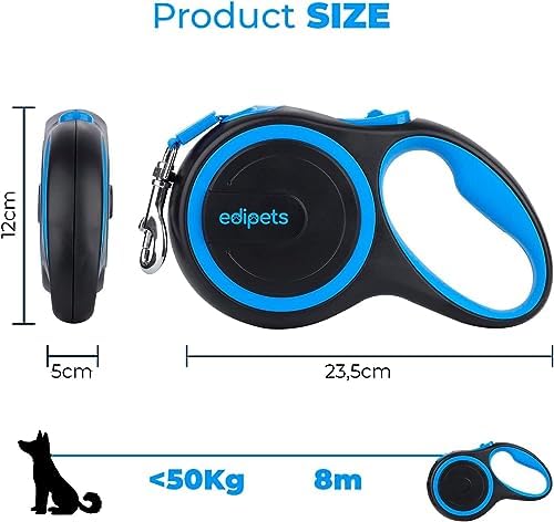 Extendable Retractable Dog Leash, 3, 5 and 8 Metres, Flexible Tape for Training and Walking, Safe and with Brake, Design and Comfortable Grip (Blue, 8 Metres)