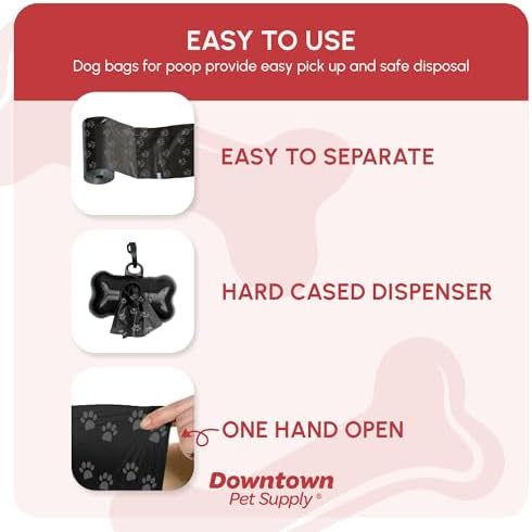 Downtown Pet Supply Poop Bags for Dogs with Dispenser, 220 Count - Leak-Proof Dog Waste Bags and Bone-Shaped Dog Poop Bags Holder for Leash - Black with Paw Prints, 12.5" x 8.5"