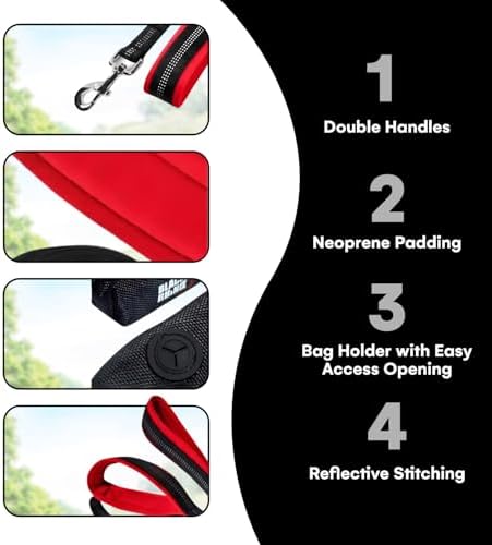 Black Rhino 6 ft Long Heavy Duty Dog Leash with Traffic Handle for Medium and Large Dogs - with Padded Neoprene Dual Handles, Bag and Clip - Reflective, Durable, and Weather Resistant - Red