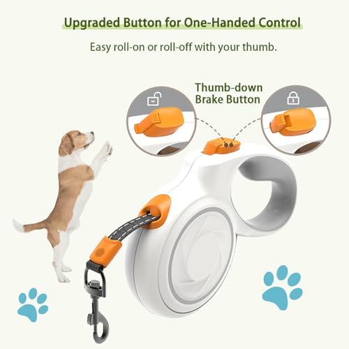 Upgraded 360° Tangle-Free Retractable Dog Leash with Anti-Slip Handle, 16Ft Strong Pulling Force Nylon Tape, One-Handed Brake, Lock, Smooth Retract, Medium, White