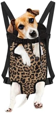 Leopard Print Pet Carrier Backpack for Small Medium Dogs Cats Fashion Adjustable Pet Front Backpack Breathable Legs Out Travel Bag for Hiking Camping, XL