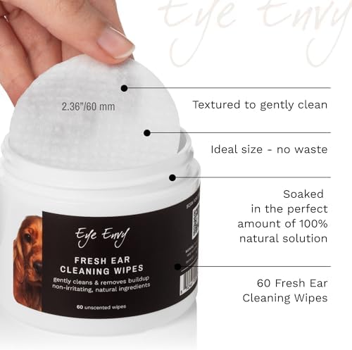 Eye Envy Fresh Ear Cleaning Wipes for Dogs. Made in the USA from Natural Ingredients. Unscented. Safe and Non-Irritating. Removes Dirt, Debris, and Wax buildup. 60 Count.