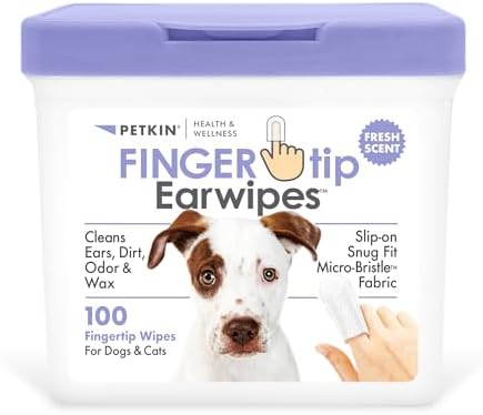 Petkin Fingertip Ear Wipes for Dogs and Cats, 100 Finger Wipes - Slip-On, Snug Fit, Micro-Bristle Fabric - Cleans Ears, Dirt, Odor and Wax - Convenient, Ideal for Home and Travel - Fresh Scent