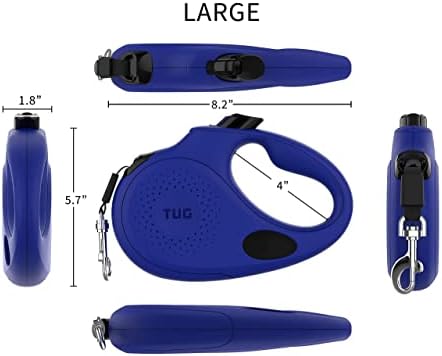 TUG Oval 360° Tangle-Free Retractable Dog Leash with Integrated Waste Bag Dispenser (Large, Blue)