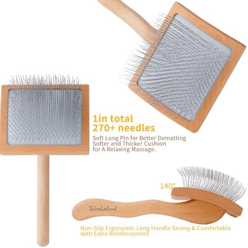 Slicker Brush for Long Haired Dogs, Wooden Ergonomic Handle