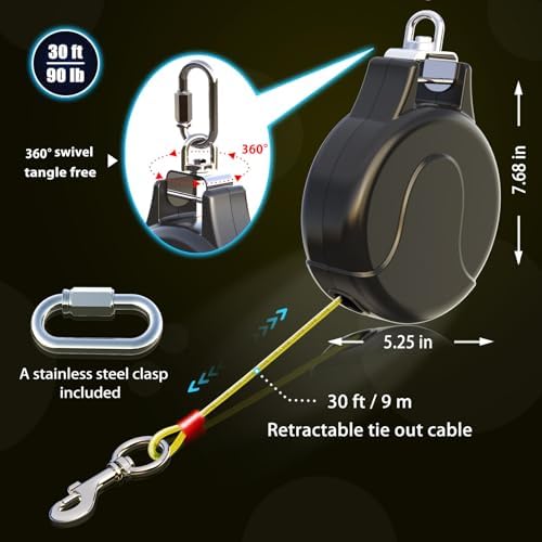30ft Retractable Dog Leash, 2-in-1 Retractable Dog Lead for Zipline, Aerial Run Cable Trolley Or Stake Anchor, No Tangle Lead Reel for Camping Or Yard (1)