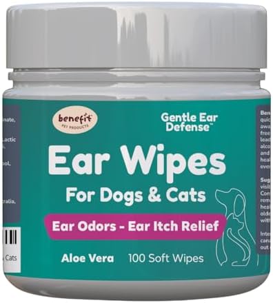 Benefit Pet Products Dog Ear Wipes - Ear Cleaner for Dogs to Prevent Infections, Itching & Odor - Aloe & Eucalyptus, Grooming Wipes - 100 Count