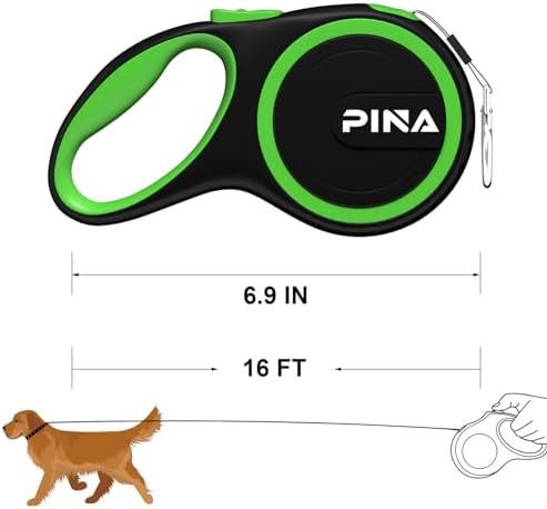 PINA Retractable Dog Leash, 16ft Dog Leash for Small Medium Dogs Up to 44lbs, 360° Tangle-Free Strong Reflective Nylon Tape, with Anti-Slip Handle, One-Handed Brake, Lock - Black Green