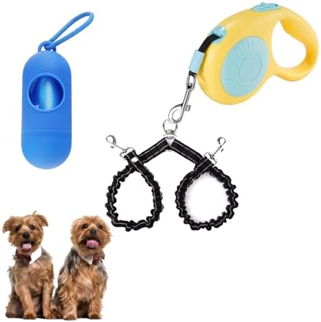 Double Dog Leash for Walking 2 Small Dogs (Up to 33 Lbs Each), Dual Retractable 9.8ft Extendable Strong Nylon Tape Pet Leash with Poop Bags, One-Handed Brake, Pause, Lock (Blue)