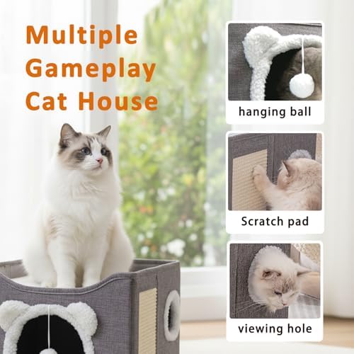 Cat Houses for Indoor Cats, Large Cats Bed Cave, Kitten Cube Box,Cat Condo with Scratching Pad, Hanging Fluffy Ball & Peekaboo Window, Foldable Hideaway Hand-Washable(16x16x13.3 Inches,Grey)