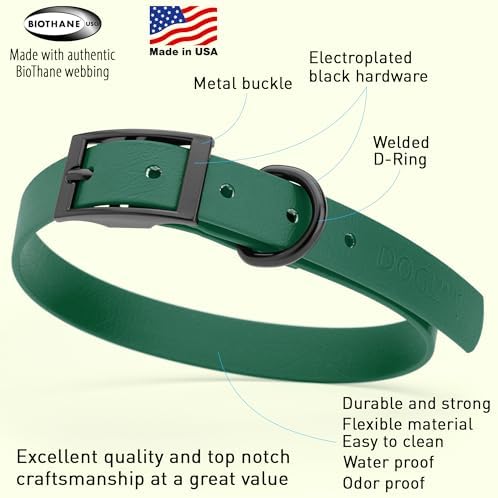 Dogline Biothane Waterproof Dog Collar Strong Coated Nylon Webbing with Black Hardware Odor- Proof for Easy Care Easy to Clean High Performance Fits Small Medium or Large Dogs, Hunter Green