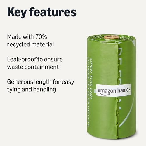 Amazon Basics Dog Poop Bags, 70% Recycled Material, Leak-Proof with Generous Length, 13 x 9 Inch, 600-Pack (40 Rolls), for Walks and Public Spaces