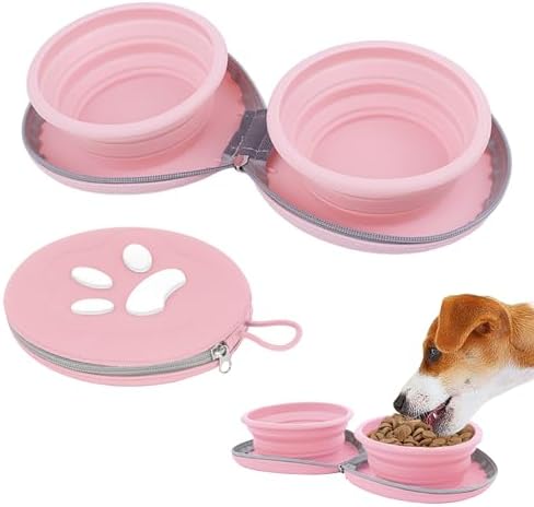 Collapsible Dog Bowls, 2-in-1 Pet Travel Food Water Feeder Pink