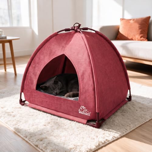 Winsterch Red Cat Tent Covered Pet House for Indoor Cats， Washable Cushion
