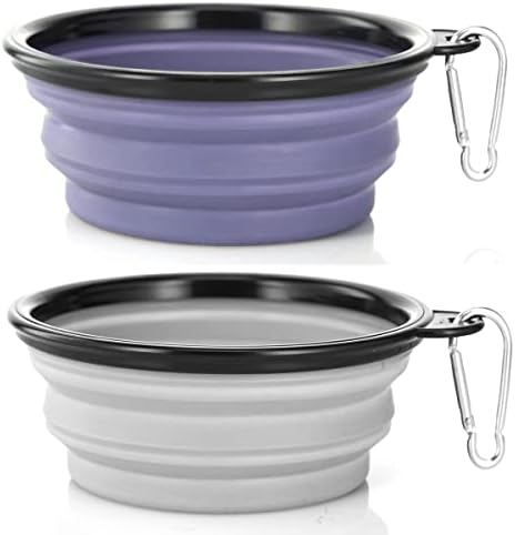 Dog Bowl Pet Collapsible Bowls, 2 Pack Collapsible Dog Water Bowls for Cats Dogs, Portable Pet Feeding Watering Dish for Walking Parking Traveling with 2 Carabiners (Small, Purple & Concrete Gray)