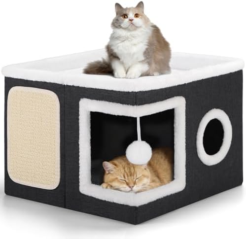 Shikha Cat House Bed for Indoor Cats with Fluffy Ball and Scratch Pad Black