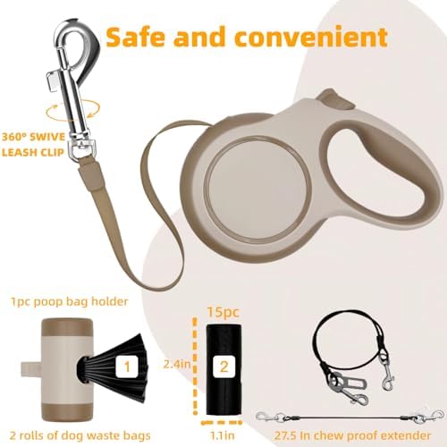 26ft Retractable Dog Leash for Large Dogs with Poop Bag Holder,Heavy Duty Retractable Dog Leash with Chew Proof Extender,One-Hand Lock System,Impact-Resistant,Up to 110 lbs (Khaki)