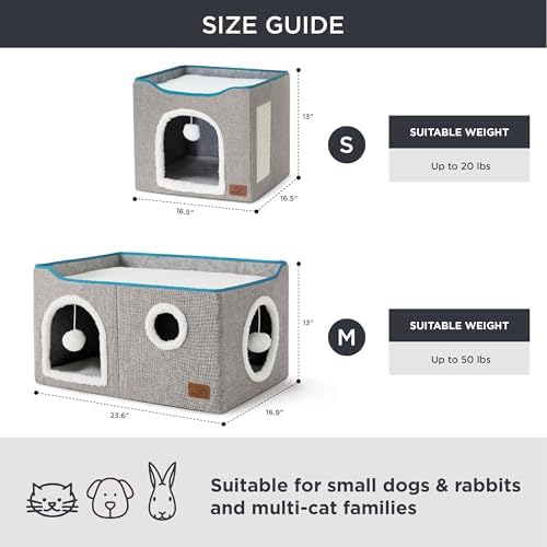 Bedsure Extra Wide Cat House Bed with Fluffy Ball and Scratch Pad,Grey