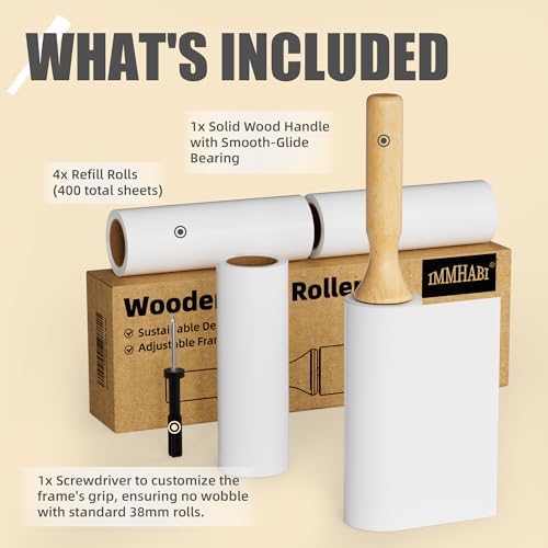 Flat Tear Lint Roller with Wooden Handle- 6.3 Inch Refills, 4 Rolls x 90 Sheets with Adjustable Tool | Pet Hair Remover for Furniture, Clothing | Ergonomic Grip, Straight-Tear Design