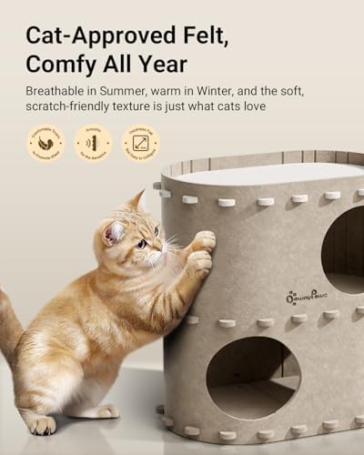 DownyPaws Cat House for Indoor Cats, 2-Storey Cat Bed Cave, Cream