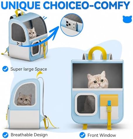 Large Cat Backpack Carrier with Front Window & Super Large Space, Designed for Long Adventures Travel Hiking, Pet Carrier Backpack for Cats Small Puppies up to 16.5lbs, Blue