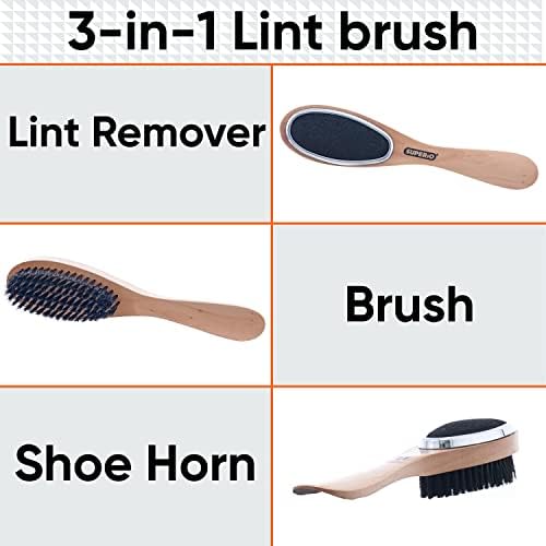 Superio Lint Brush for Clothes, 2-Pack, 3 in 1 Garment Brush - Double Sided Wood Handle, Clothes Brush, Lint Brush for Suit, Wool Coat, Removes Pet Lint and Dust and Shoe Horn