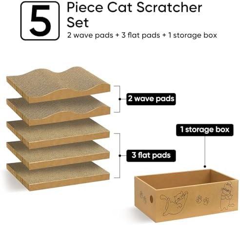 5 Packs Cat Scratcher Set with Storage Box, 2 Wave Lounge Pads + 3 Flat Corrugated Cardboard Scratch Pads for Indoor Cats, Replaceable Scratch Boards to Protect Furniture