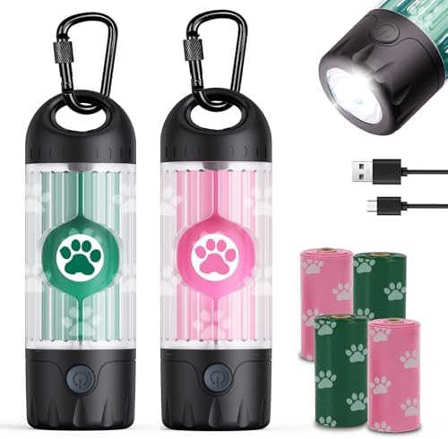 Tubasion 3-in-1 Dog Poop Bag Holder with Flashlight 7-Color, USB-C Rechargeable doggie bag holder for leash, IPX6 Waterproof Anti-Slip Clip Pet Waste Bag Dispenser for Walking (2 Dispensers, 60 Bags)