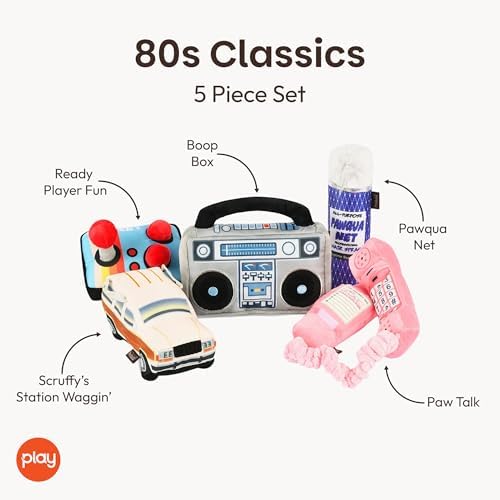 P.L.A.Y. Cute Plush Dog Toys - 1980s Classics Themed Durable Squeaker Crinkle Chew Toys, Great for Puppies & Small, Medium, Large Dogs - Machine Washable, Recycled Materials (5 Piece Set)