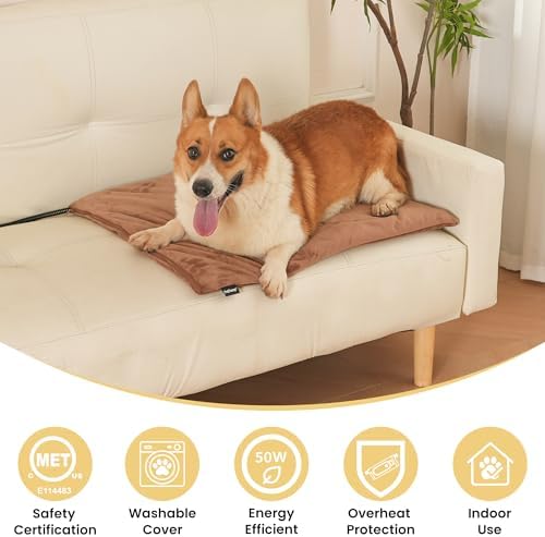 Pet Heating Pad for Cats Dogs Indoor & Sheltered Outdoor Waterproof Heated Cat Bed Heated Dog Bed Chew Resistant Cord Constant Temperature Electric Warming (Brown, L: 26" × 20" × 1.3")