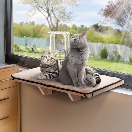 PETSFIT Cat Window Perch for 2 Cats, Adjustable, Solid Wood, Removable Mat