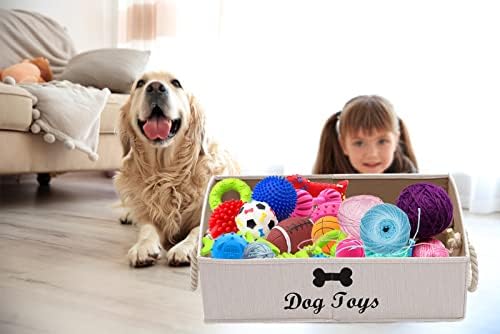 Geyecete Large Dog Toys Storage Bins-Foldable Fabric Trapezoid Organizer Boxes with Weave Rope Handle,Collapsible Basket for Shelves,Dog Apparel(Beige-Dog)