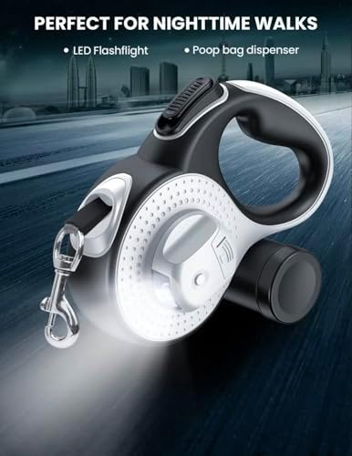 Retractable Dog Leash with LED Light for Night Walking – 16ft Tangle-Free Leash with Poop Bag Dispenser, One-Button Lock, Reflective Handle