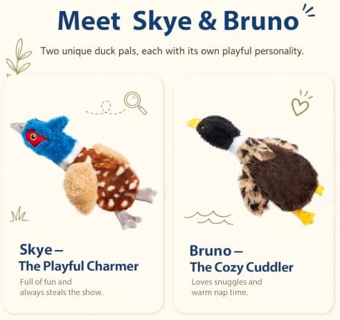 Duck Dog Toys, 2-Pack Stuffing-Free Squeaky Plush Bird Toys with 8 Total Squeakers, Hollow Body No-Stuffing Design for Small Medium Dogs