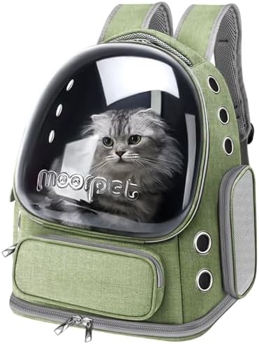 Cat Backpack Carrier, Breathable Cat Carrier Large Space Bubble Pet Backpack for Kitty Small Dog up to 20lbs, Transparent & Foldable Pet Carrier for Travel Hiking, Green