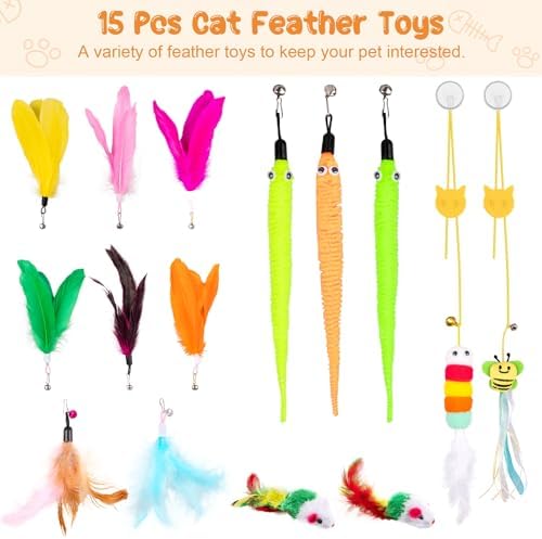 Depets Cat Wand Toy, 15 Pcs Interactive Cat Feather Toys for Indoor Self Play & Exercise, 2 Play Modes Kitten Teaser Wand, Reusable Suction Cup Kitten Toys