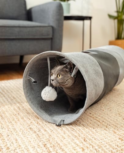 lionto cat Tunnel with Play Ball, 11,8x27,6 in, Foldable Expandable Play Tunnel Made of Easy-Care Faux Linen Material for Cats, Robust cat Toy, 11,8 in Diameter