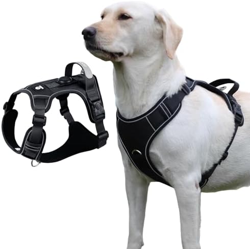 Upgraded Dog Harness with AirTag Holder, Escape Proof Adjustable Vest for Large Dog Outdoor Walking, Soft Breathable Jacket with Reflective Strips for Dark Night