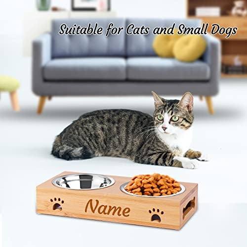Elevated Bamboo Pet Bowls for Dogs and Cats, Customizable with Stainless Steel Bowls, Anti-Slip Feet