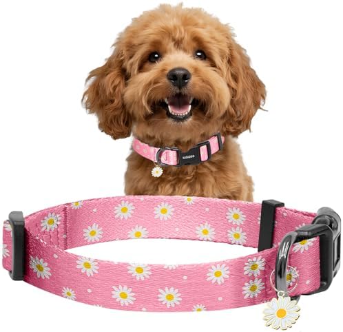 Kazazoo Dog Collar Cute and Soft Nylon Puppy Collar Girl Dogs, Adjustable Dog Collars for Small Dogs, Pink Daisy-S