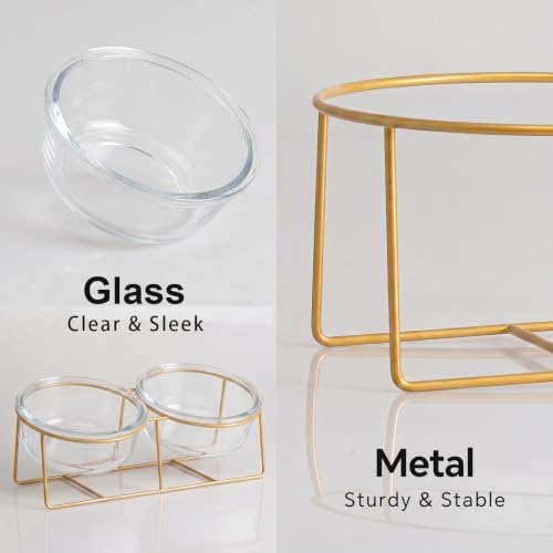 Elevated Dog Bowls for Small Dogs - 2 Glass Bowls with Gold Iron Stand - Raised Pet Dish Set for Food and Water - Comfortable Feeding
