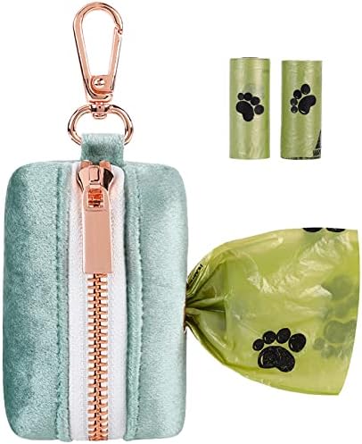 ARING PET Dog Waste Bag Dispenser, Velvet Green Doggy Poop Bags Holders Attach to Any Leashes, Portable Washable Pet Waste Pouch Dispenser with Metal Zipper