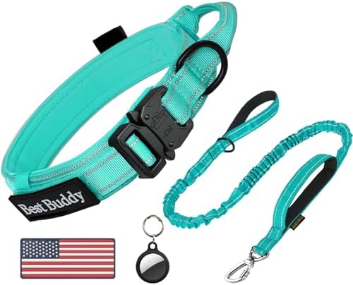 AUBELL Reflective Tactical Heavy Duty Dog Leash and Collar Set,Teal XL