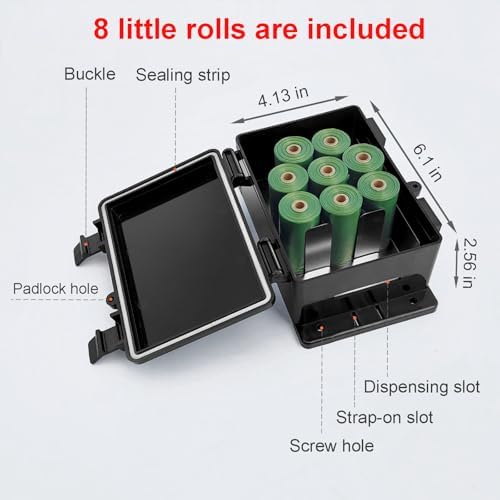 Dog Poop Bag Dispenser Wall Mounted Outside with Lock and 8 Small Rolls, Doggie Bag Holder For Backyard Post, Pole, Fence Mountable fits Home, Commercial Occasion(Black dispenser+8 rolls+lock)