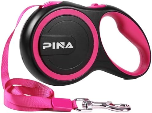 PINA Retractable Dog Leash, 16ft Dog Leash for Small Medium Dogs Up to 44lbs, 360° Tangle-Free Strong Reflective Nylon Tape, with Anti-Slip Handle, One-Handed Brake, Lock - Black Pink