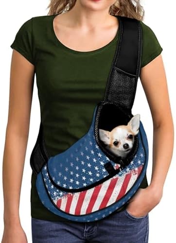 COEQINE Large Capacity Pet Carrier Sling Bag for Small Dogs 3-10 Ibs, American Flag Stars Print Reversible Crossbody Purse for Dogs and Cats Small Pouch Drawstring Dog Papoose Non-Anxiety