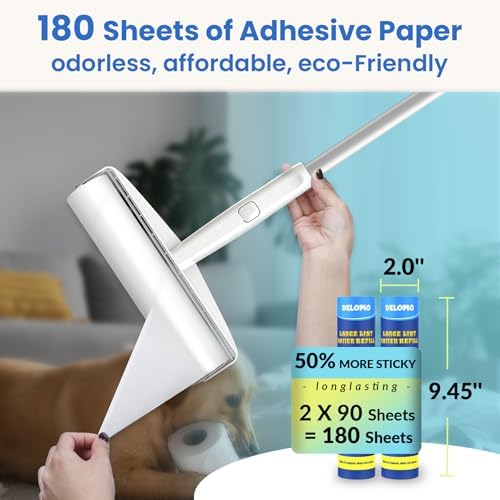 DELOMO 9.45” Large Lint Roller Refills, 2 Packs, 180 Extra Sticky Sheets